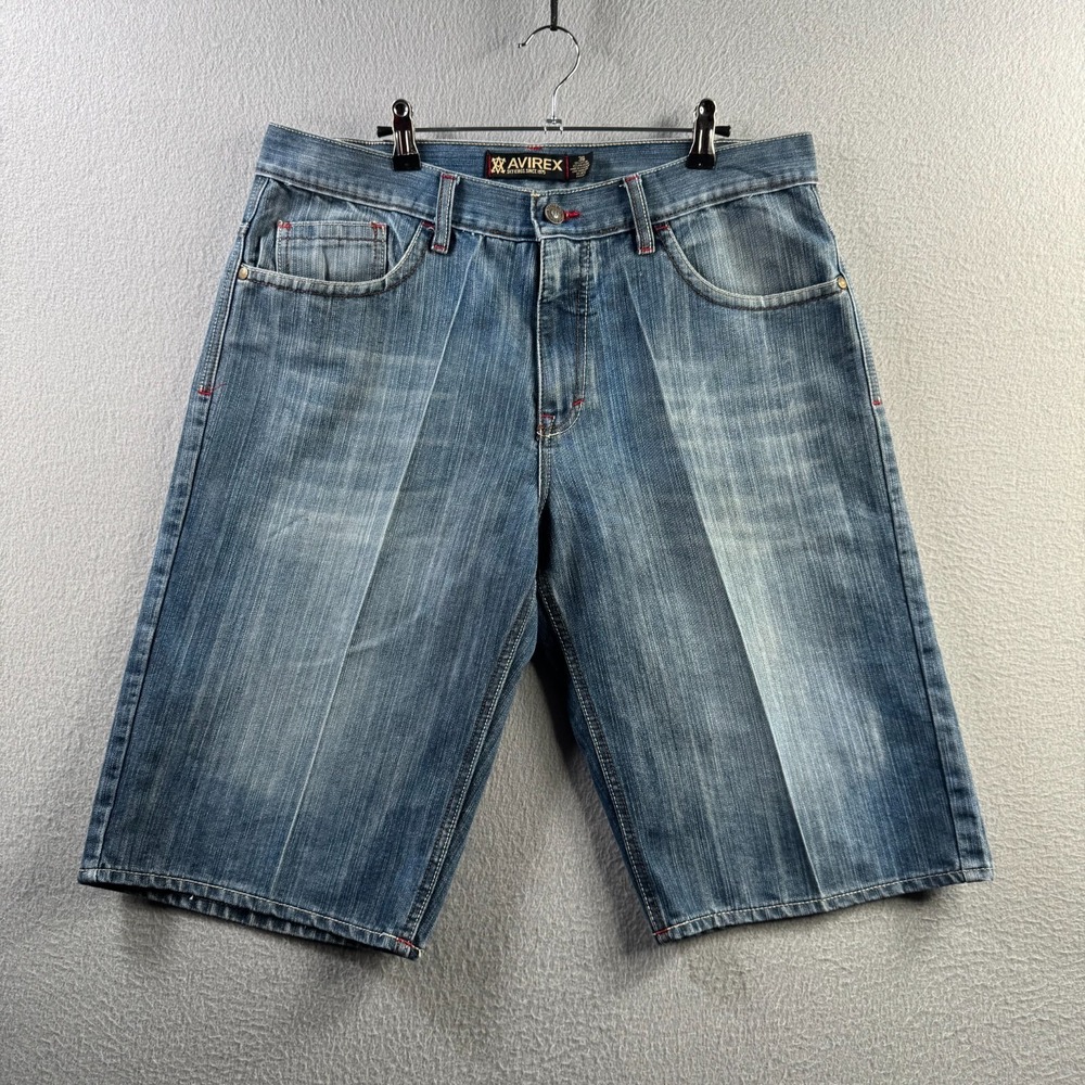 Avirex Shorts Mens 36 Blue Denim Jorts Jean Y2K 14" Inseam